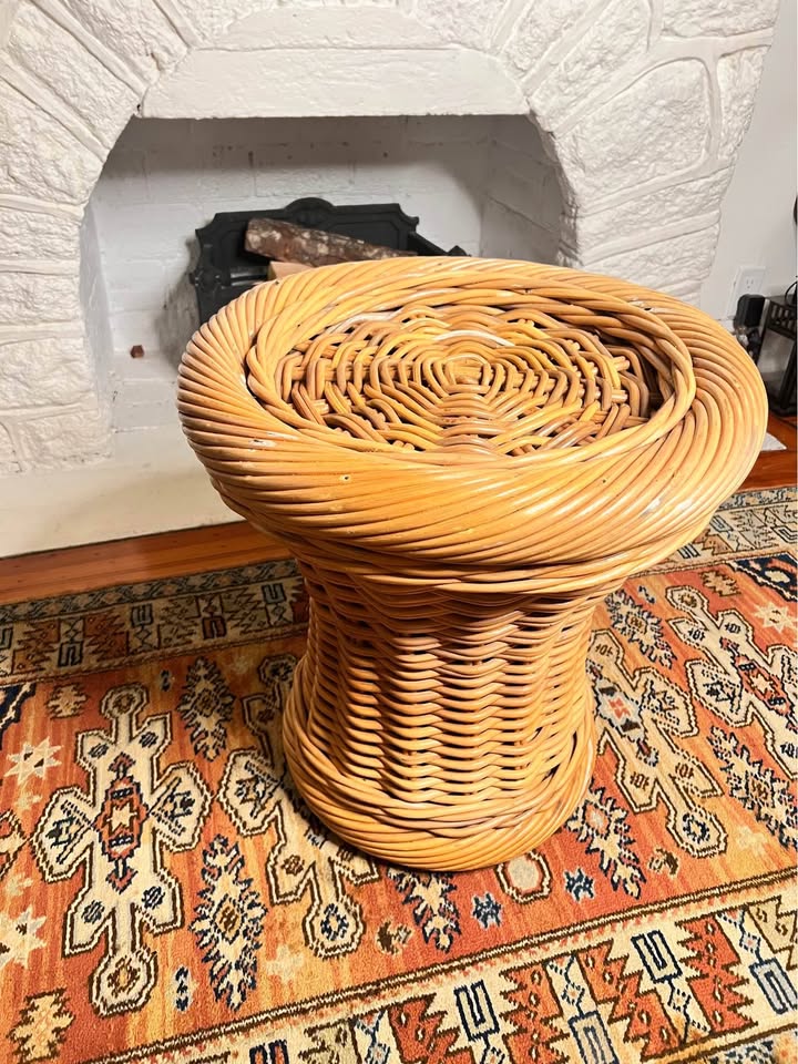24” Vintage 1970s Rattan Side Table | Wicker Drum Base | Glass Top, gallery view 7