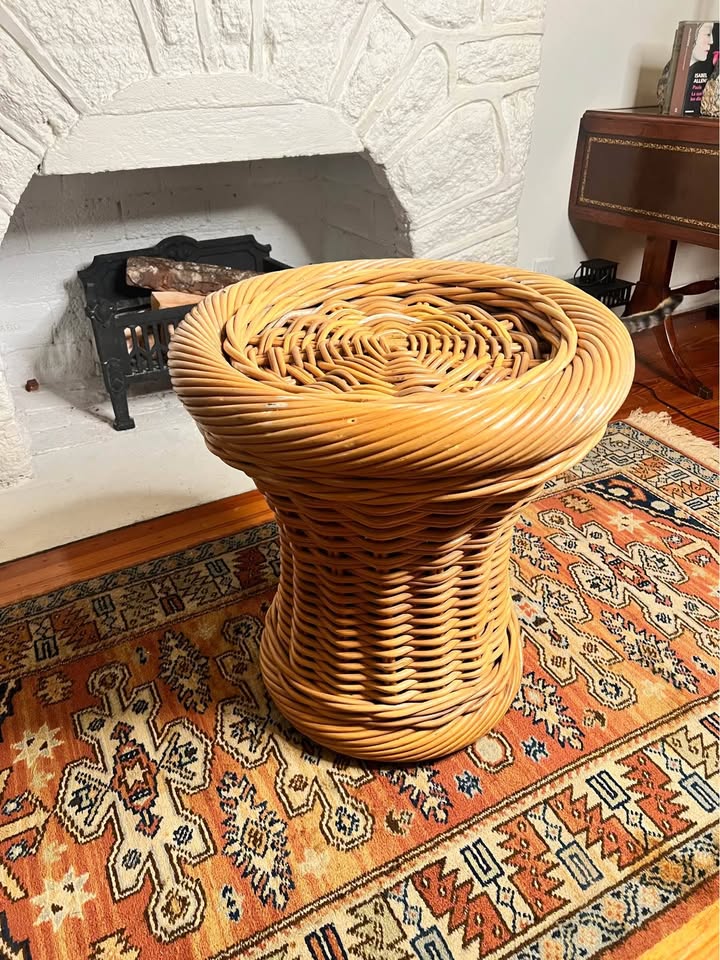 24” Vintage 1970s Rattan Side Table | Wicker Drum Base | Glass Top, gallery view 8
