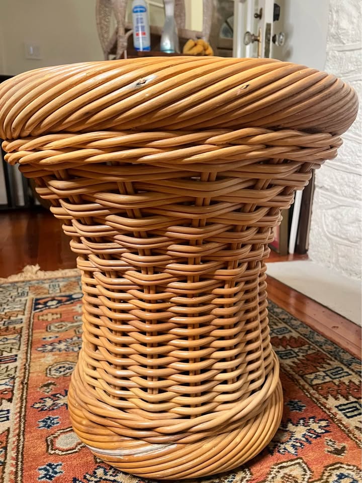 24” Vintage 1970s Rattan Side Table | Wicker Drum Base | Glass Top, gallery view 9