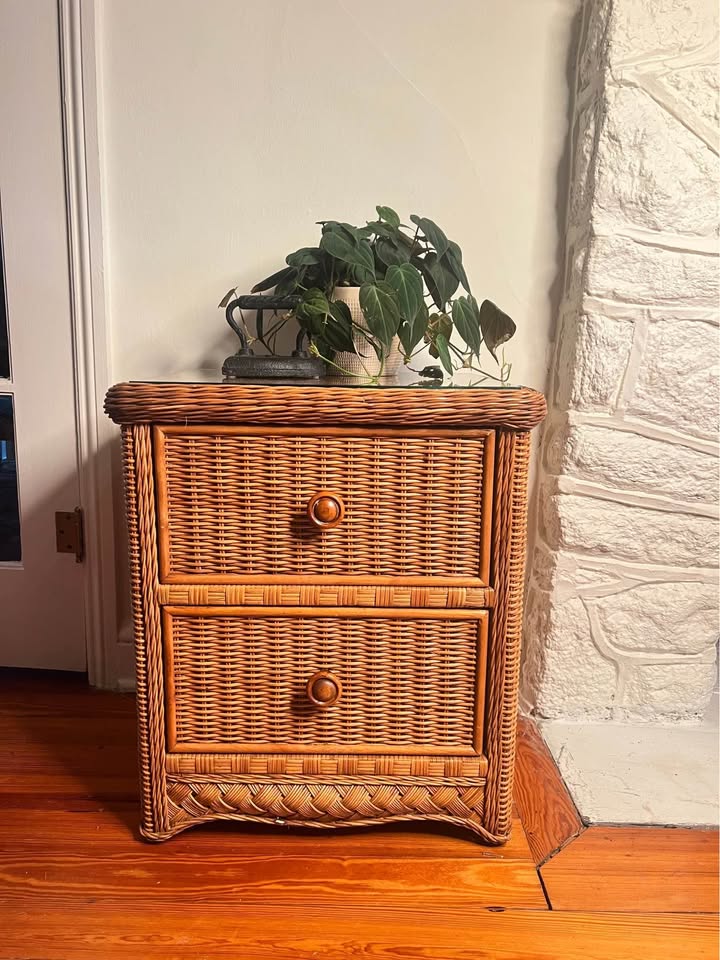 Vintage Wicker Nightstand | Glass Top Rattan Bedside Cabinet | Coastal Organic Modern, gallery view 2