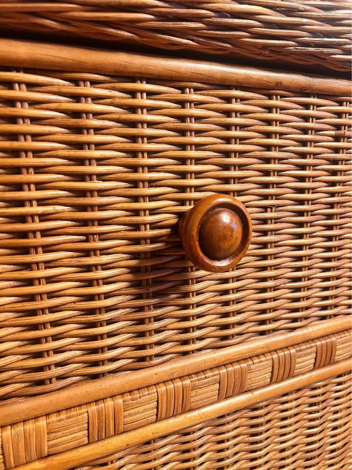 Vintage Wicker Nightstand | Glass Top Rattan Bedside Cabinet | Coastal Organic Modern, gallery view 3