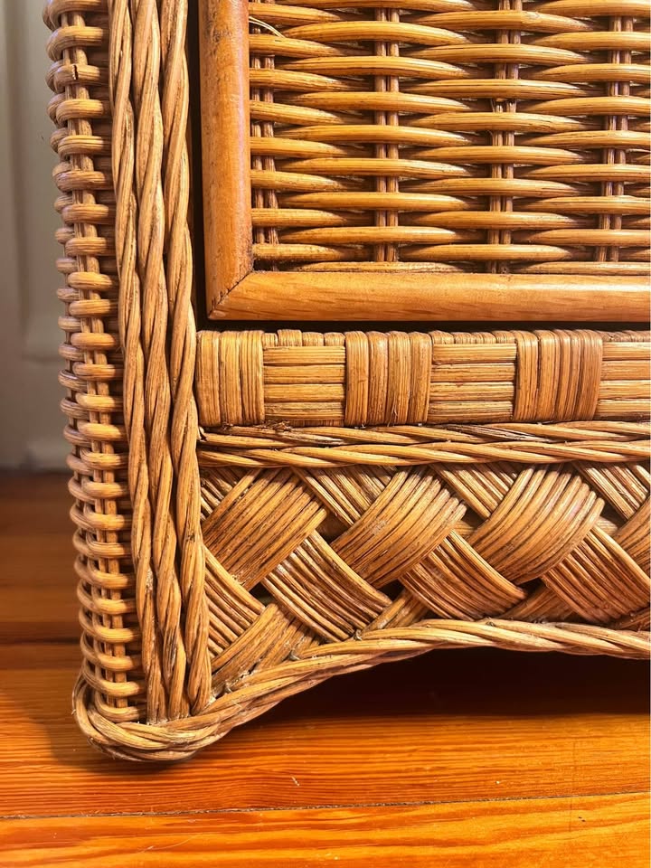 Vintage Wicker Nightstand | Glass Top Rattan Bedside Cabinet | Coastal Organic Modern, gallery view 4