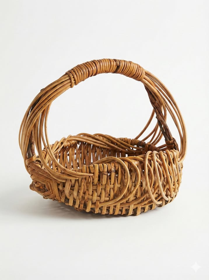 Woven Reed Basket | Vintage Gathering Basket with Handle, gallery view 2