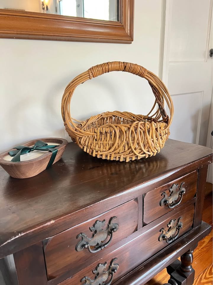 Woven Reed Basket | Vintage Gathering Basket with Handle, gallery view 3
