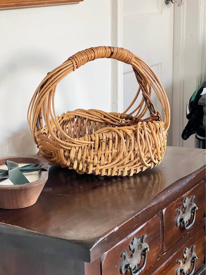 Woven Reed Basket | Vintage Gathering Basket with Handle, gallery view 4