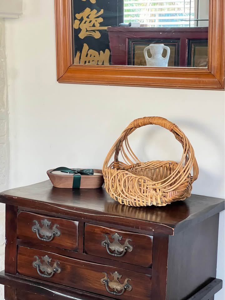 Woven Reed Basket | Vintage Gathering Basket with Handle, gallery view 5