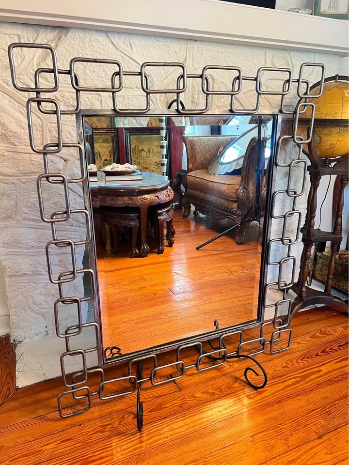 Large Steel Metal Chain-Link Mirror | Geometric Frame | Brutalist Influence, gallery view 3
