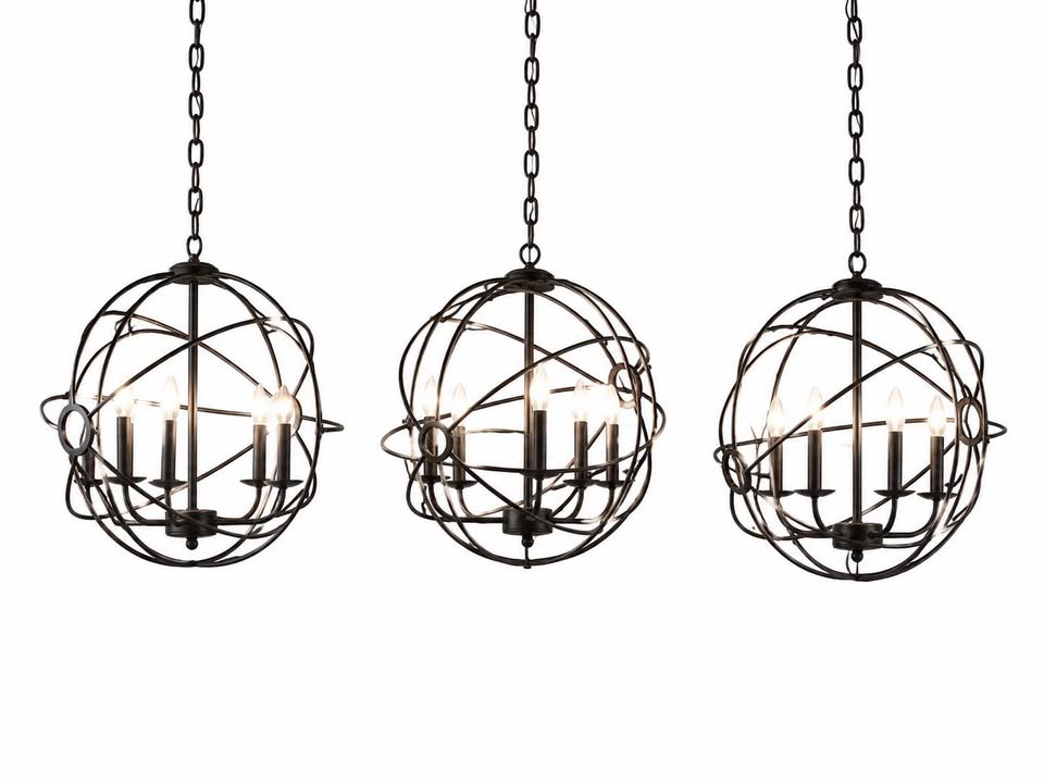 Set of 3 Orb Chandeliers | Black Metal Armillary Sphere Lighting, gallery view 2