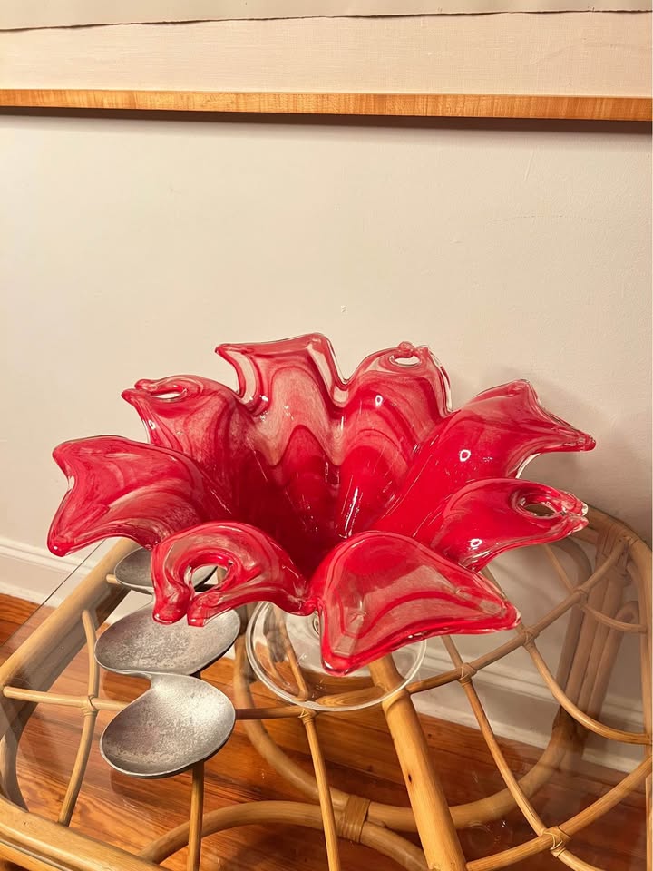 Red Art Glass Pedestal Bowl | Vintage Flower-Form Centerpiece | Murano style, gallery view 2