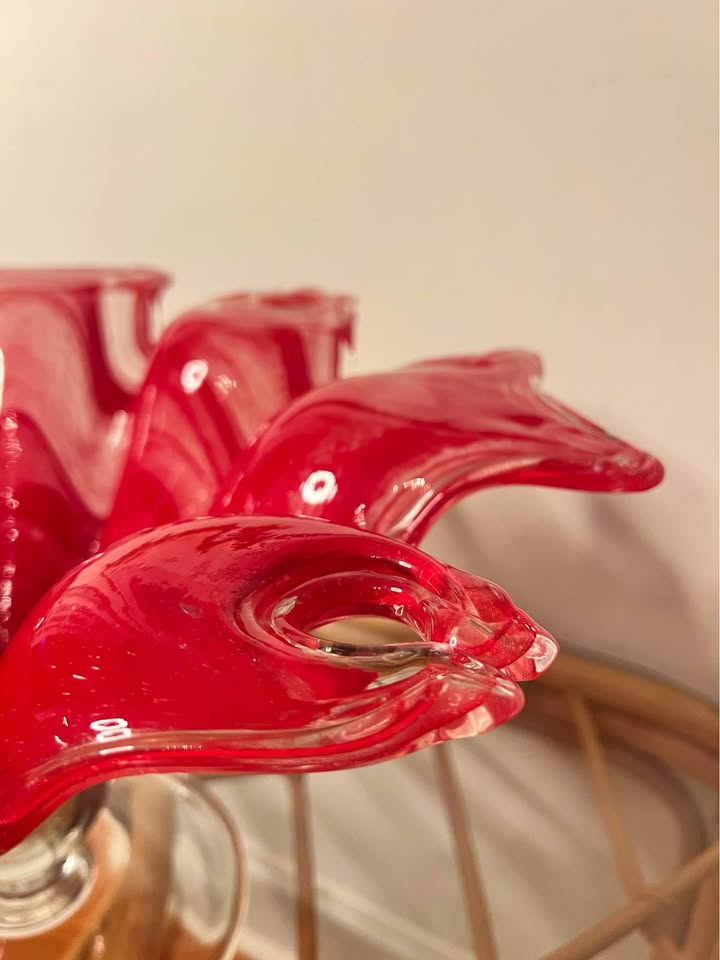 Red Art Glass Pedestal Bowl | Vintage Flower-Form Centerpiece | Murano style, gallery view 3