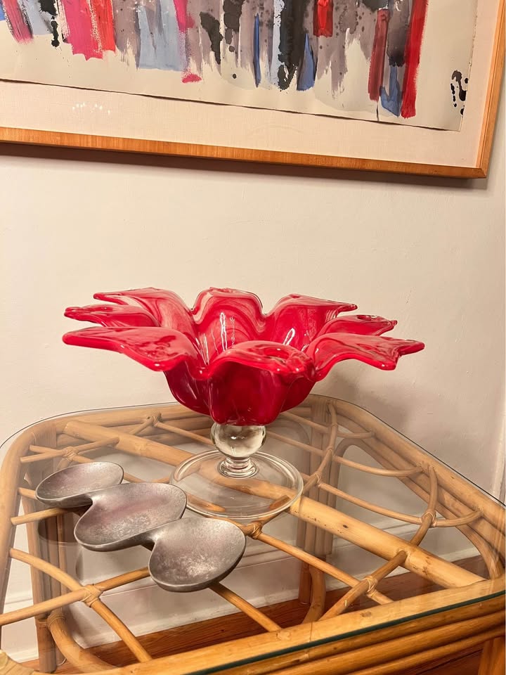 Red Art Glass Pedestal Bowl | Vintage Flower-Form Centerpiece | Murano style, gallery view 8