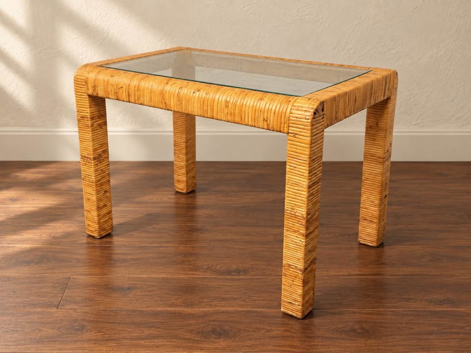 Rattan Accent Table | Inset Glass Top, Coastal Parsons Style, gallery view 3