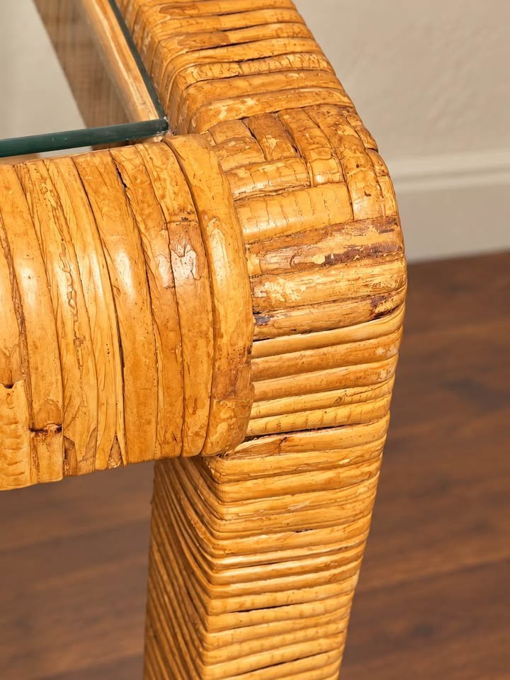 Rattan Accent Table | Inset Glass Top, Coastal Parsons Style, gallery view 4