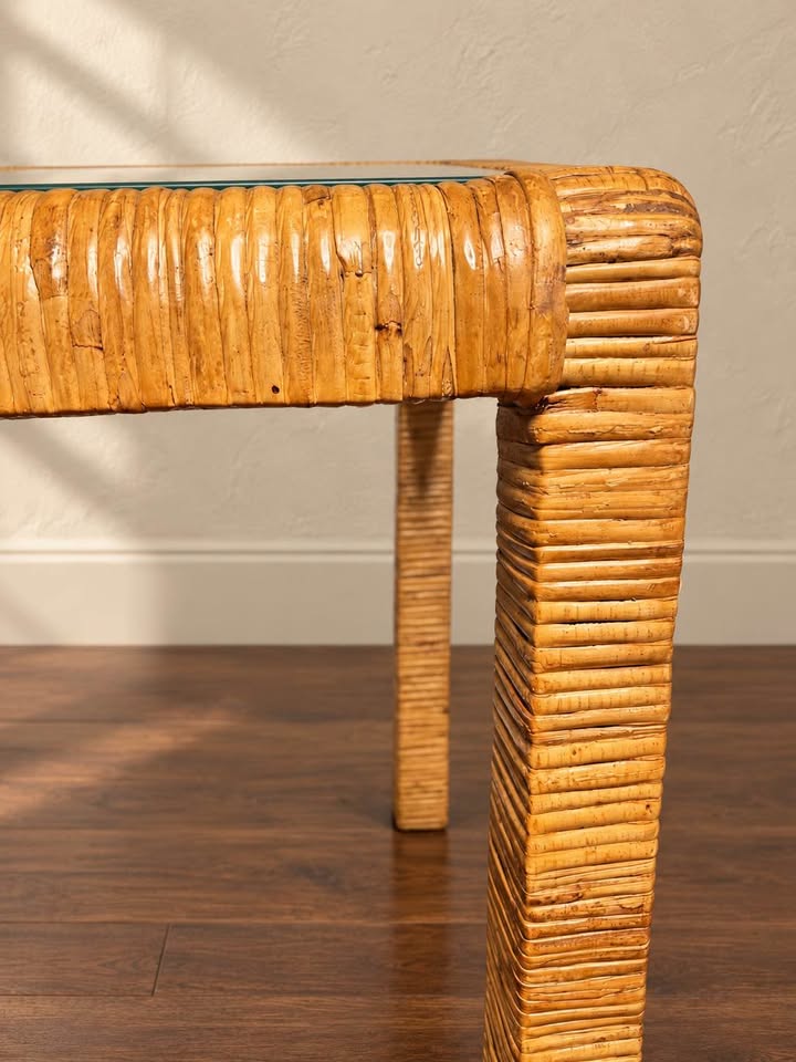 Rattan Accent Table | Inset Glass Top, Coastal Parsons Style, gallery view 5