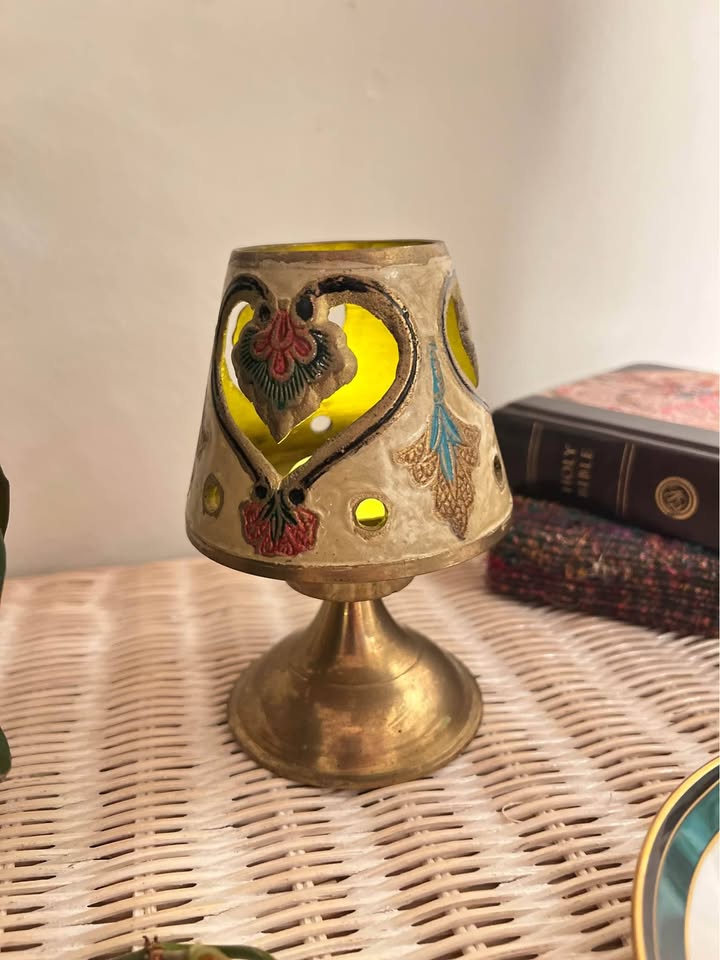 Vintage Brass Candle Lamp | Pierced Enamel Floral Shade, gallery view 2