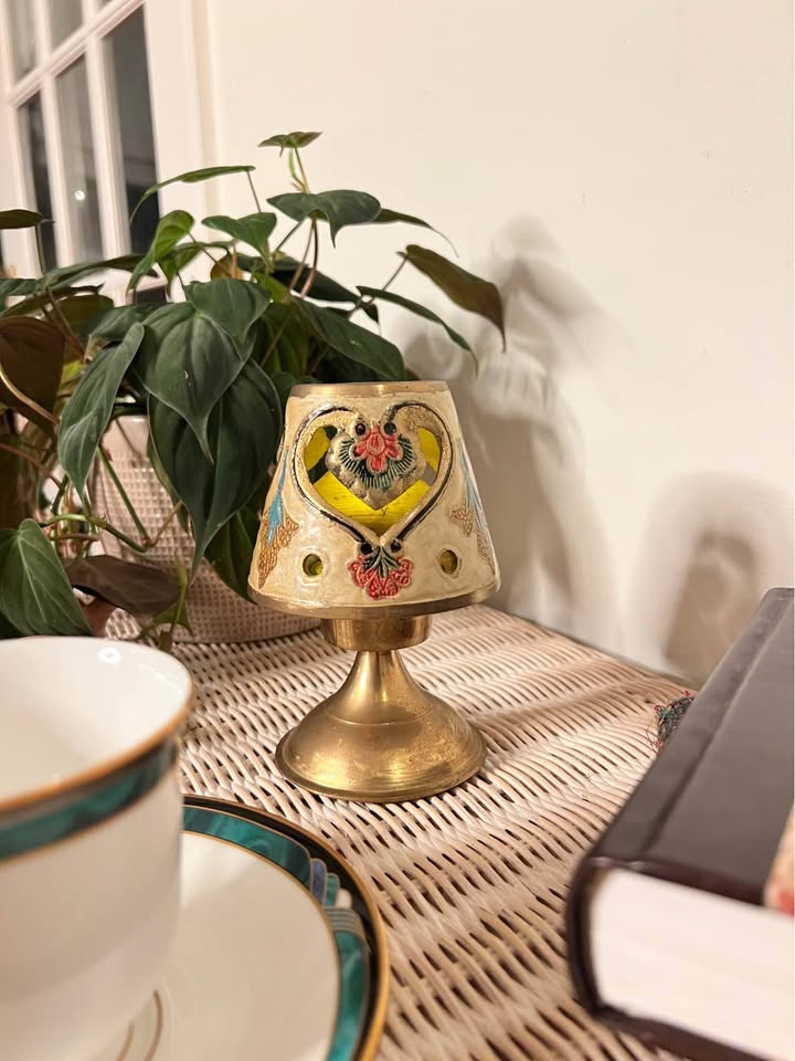 Vintage Brass Candle Lamp | Pierced Enamel Floral Shade, gallery view 3