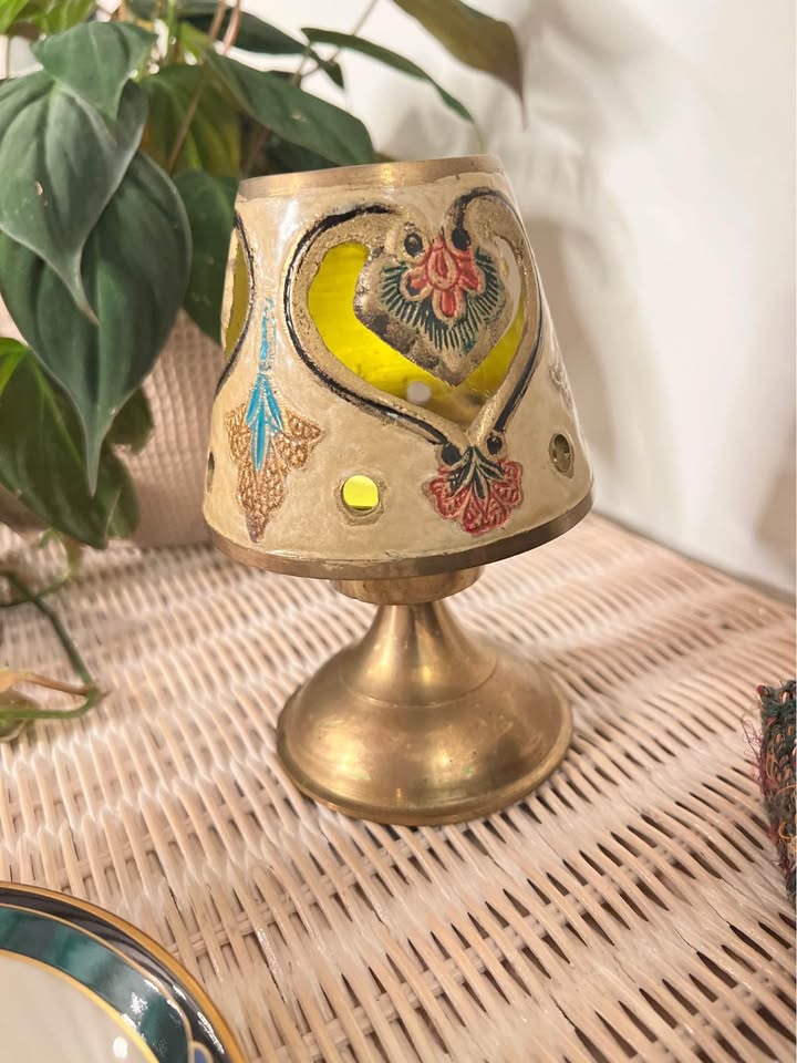 Vintage Brass Candle Lamp | Pierced Enamel Floral Shade, gallery view 4