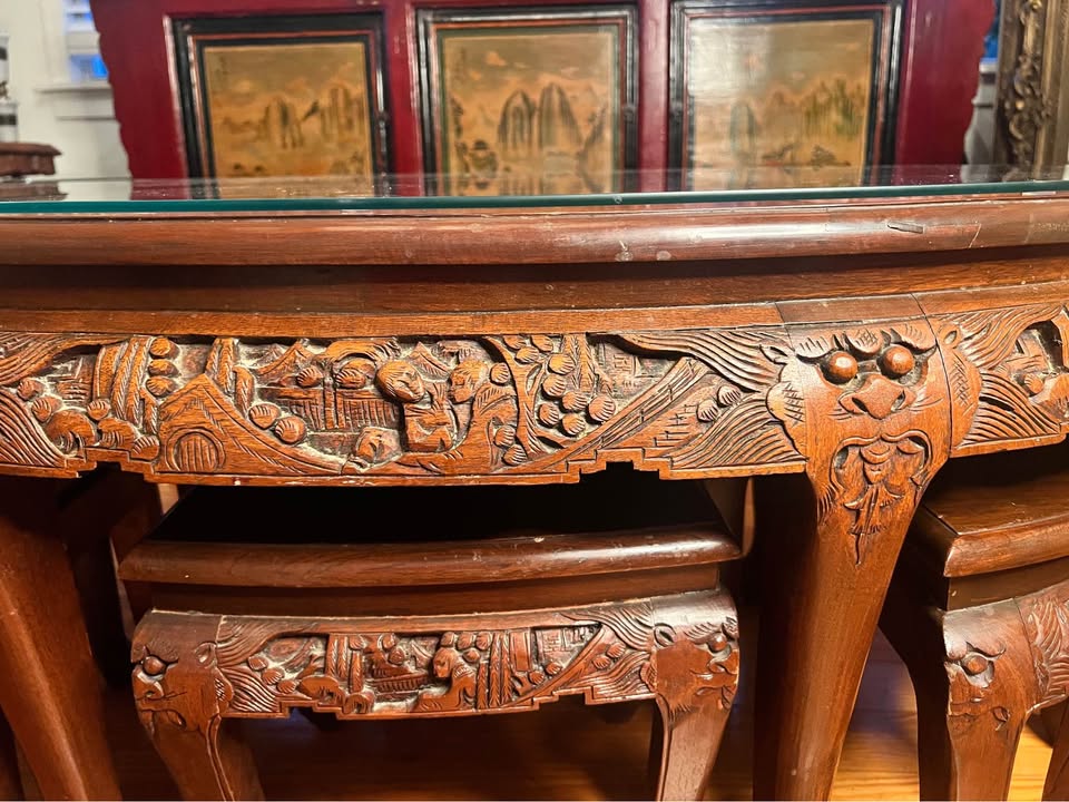 Mid-Century Chinese Coffee Table & 6 Stools | Carved Rosewood | Chinoiserie | Glass Top, gallery view 10