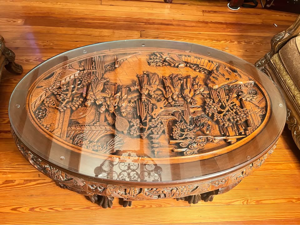 Mid-Century Chinese Coffee Table & 6 Stools | Carved Rosewood | Chinoiserie | Glass Top, gallery view 4