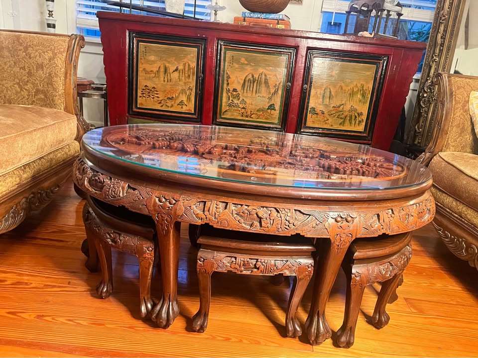 Mid-Century Chinese Coffee Table & 6 Stools | Carved Rosewood | Chinoiserie | Glass Top, gallery view 5