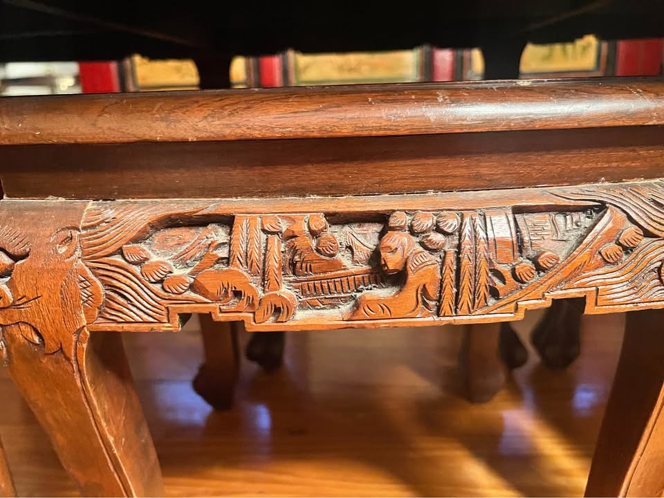 Mid-Century Chinese Coffee Table & 6 Stools | Carved Rosewood | Chinoiserie | Glass Top, gallery view 6