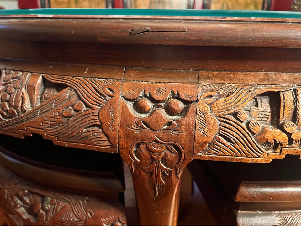Mid-Century Chinese Coffee Table & 6 Stools | Carved Rosewood | Chinoiserie | Glass Top, gallery view 7