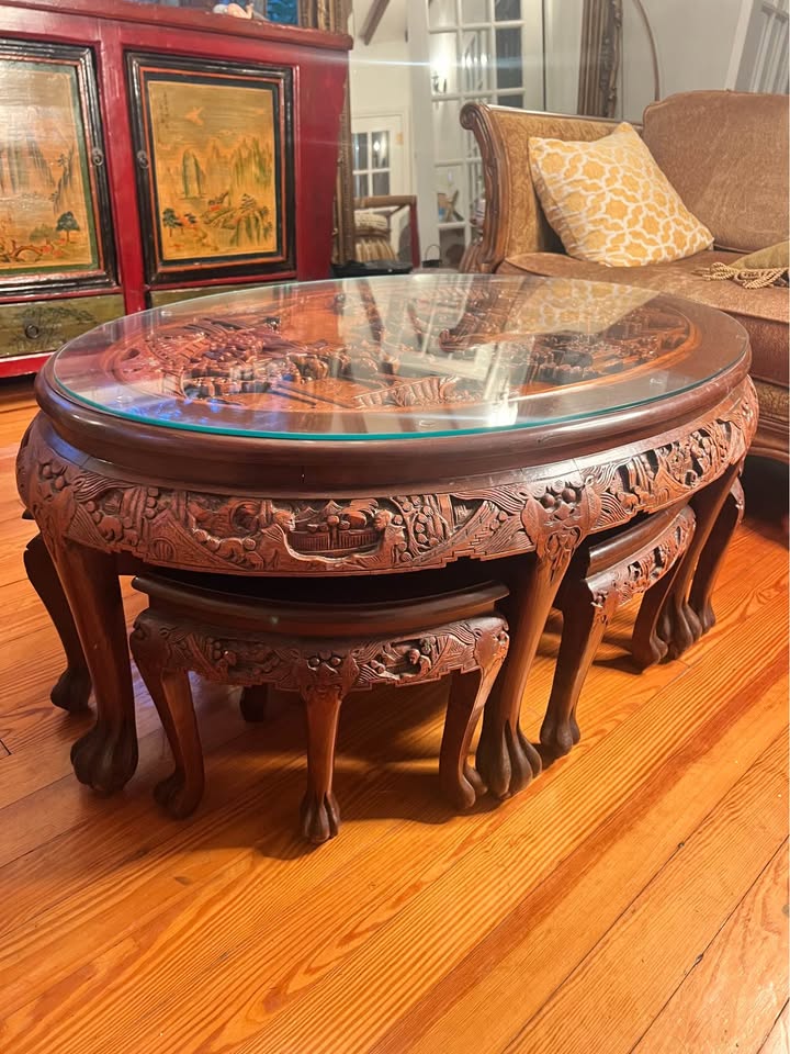 Mid-Century Chinese Coffee Table & 6 Stools | Carved Rosewood | Chinoiserie | Glass Top, gallery view 8