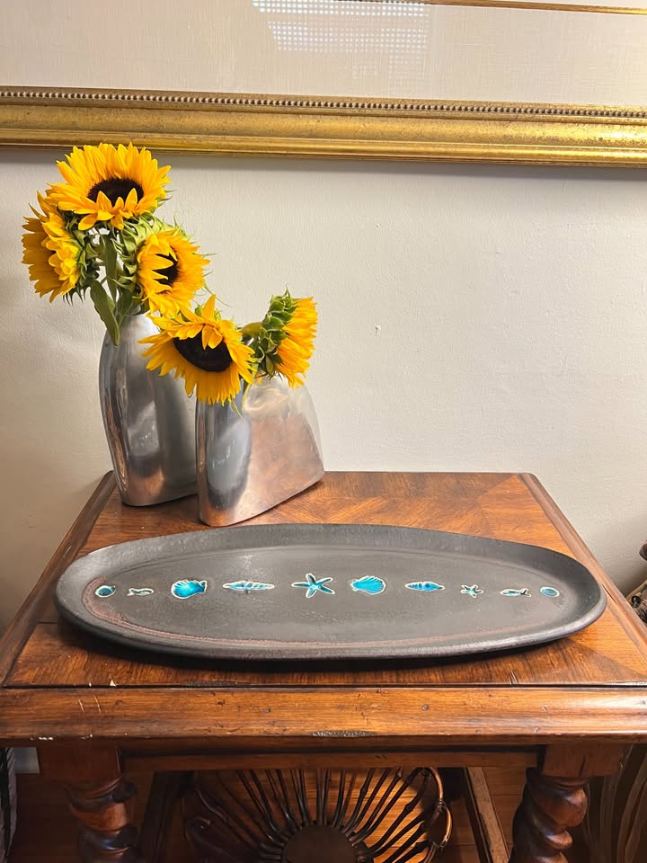 Vintage Coastal Stoneware Platter | Turquoise Shell & Sea Life Motif, gallery view 4