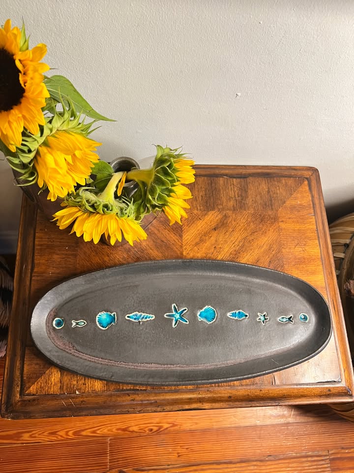 Vintage Coastal Stoneware Platter | Turquoise Shell & Sea Life Motif, gallery view 5