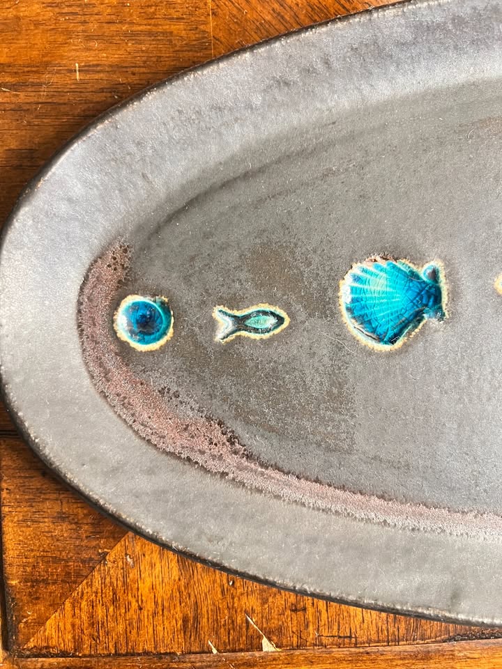 Vintage Coastal Stoneware Platter | Turquoise Shell & Sea Life Motif, gallery view 6