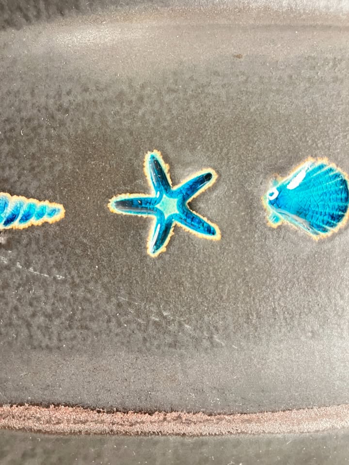 Vintage Coastal Stoneware Platter | Turquoise Shell & Sea Life Motif, gallery view 7