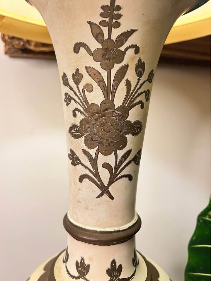 Vintage Ceramic & Brass Table Lamp | Hand Painted Floral Urn | French Country Palm Beach, gallery view 4