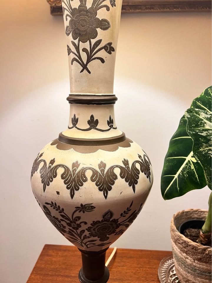 Vintage Ceramic & Brass Table Lamp | Hand Painted Floral Urn | French Country Palm Beach, gallery view 5