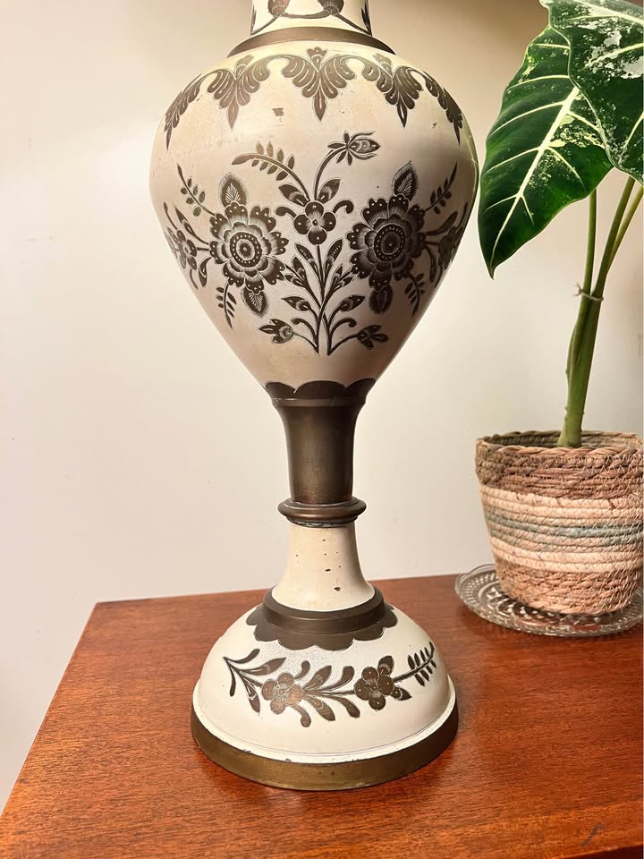 Vintage Ceramic & Brass Table Lamp | Hand Painted Floral Urn | French Country Palm Beach, gallery view 6