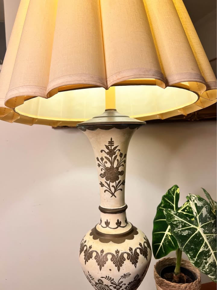 Vintage Ceramic & Brass Table Lamp | Hand Painted Floral Urn | French Country Palm Beach, gallery view 8