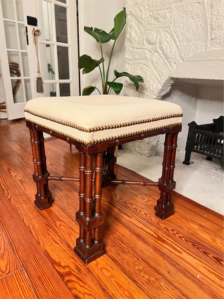 Faux Bamboo Upholstered Stool ottoman | Chinoiserie Gothic Revival Accent Seatt, gallery view 2