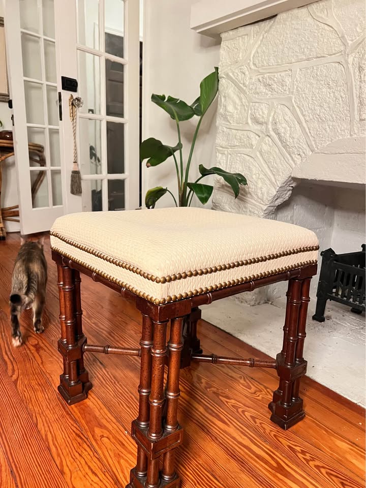 Faux Bamboo Upholstered Stool ottoman | Chinoiserie Gothic Revival Accent Seatt, gallery view 3