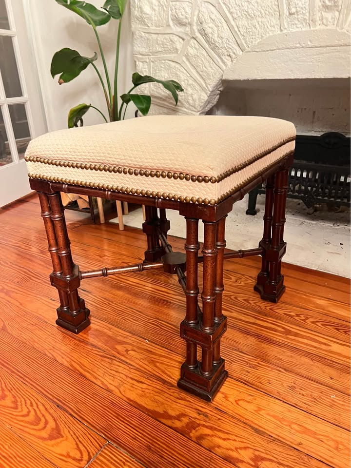 Faux Bamboo Upholstered Stool ottoman | Chinoiserie Gothic Revival Accent Seatt, gallery view 4