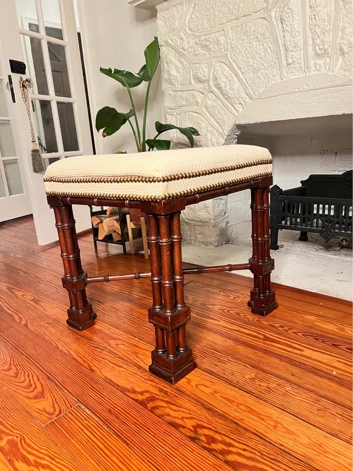 Faux Bamboo Upholstered Stool ottoman | Chinoiserie Gothic Revival Accent Seatt, gallery view 5