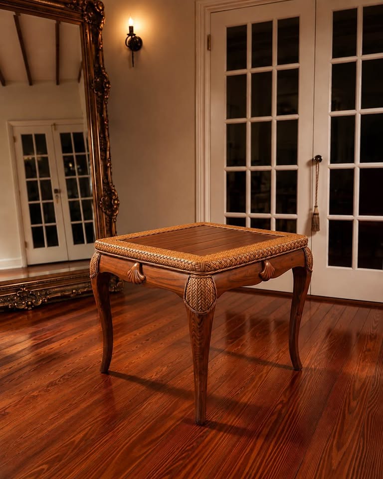 Vintage Rattan Side Table | Carved Wood Palm Beach Style, gallery view 2
