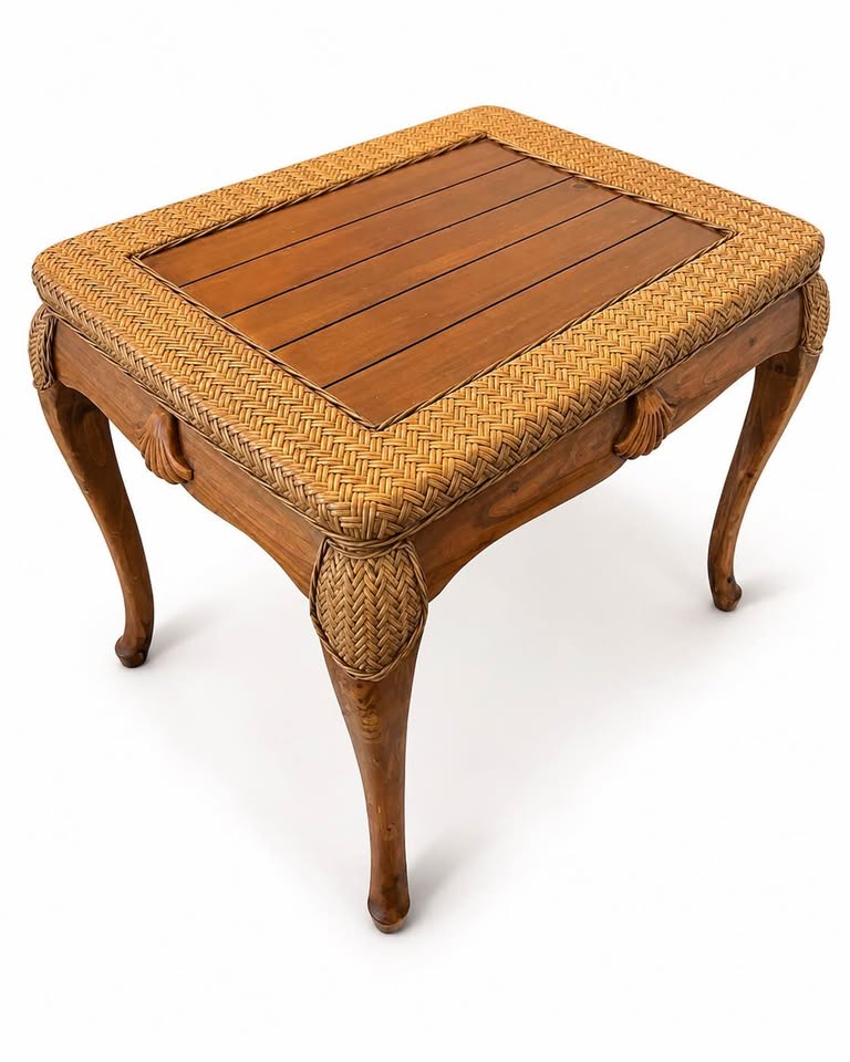 Vintage Rattan Side Table | Carved Wood Palm Beach Style, gallery view 3