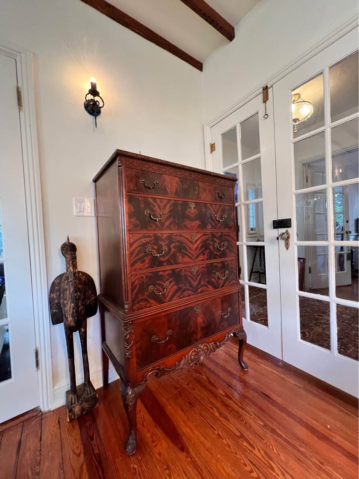 Vintage Crotch Mahogany Highboy | Labeled Master-Made Tall dresser | Chippendale Style, gallery view 2