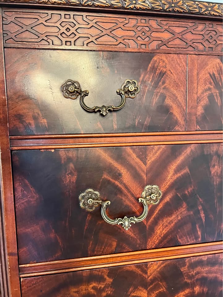 Vintage Crotch Mahogany Highboy | Labeled Master-Made Tall dresser | Chippendale Style, gallery view 3
