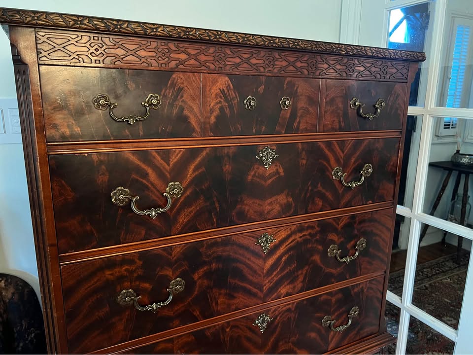 Vintage Crotch Mahogany Highboy | Labeled Master-Made Tall dresser | Chippendale Style, gallery view 4