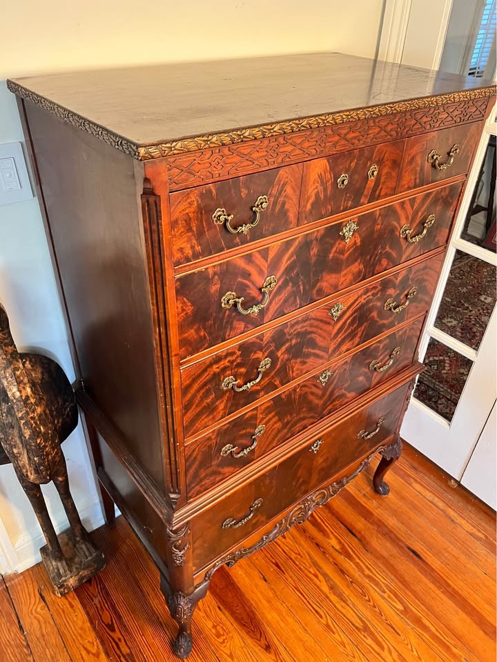 Vintage Crotch Mahogany Highboy | Labeled Master-Made Tall dresser | Chippendale Style, gallery view 5