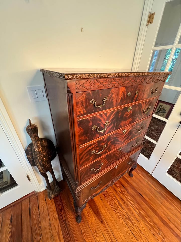 Vintage Crotch Mahogany Highboy | Labeled Master-Made Tall dresser | Chippendale Style, gallery view 7