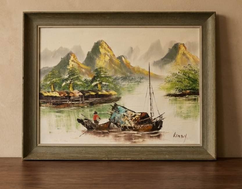 Vintage Asian River Landscape Painting | Framed Wall Art | Coastal Palm Beach Decor | MCM Style, gallery view 2