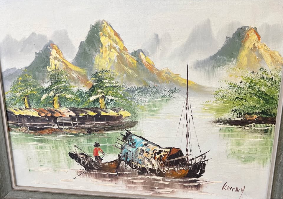 Vintage Asian River Landscape Painting | Framed Wall Art | Coastal Palm Beach Decor | MCM Style, gallery view 3