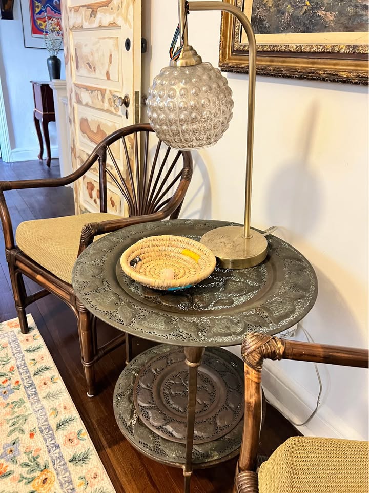 Brass Side Table | Vintage 2-Tier Tray Table | Pierced Botanical Metalwork, gallery view 10