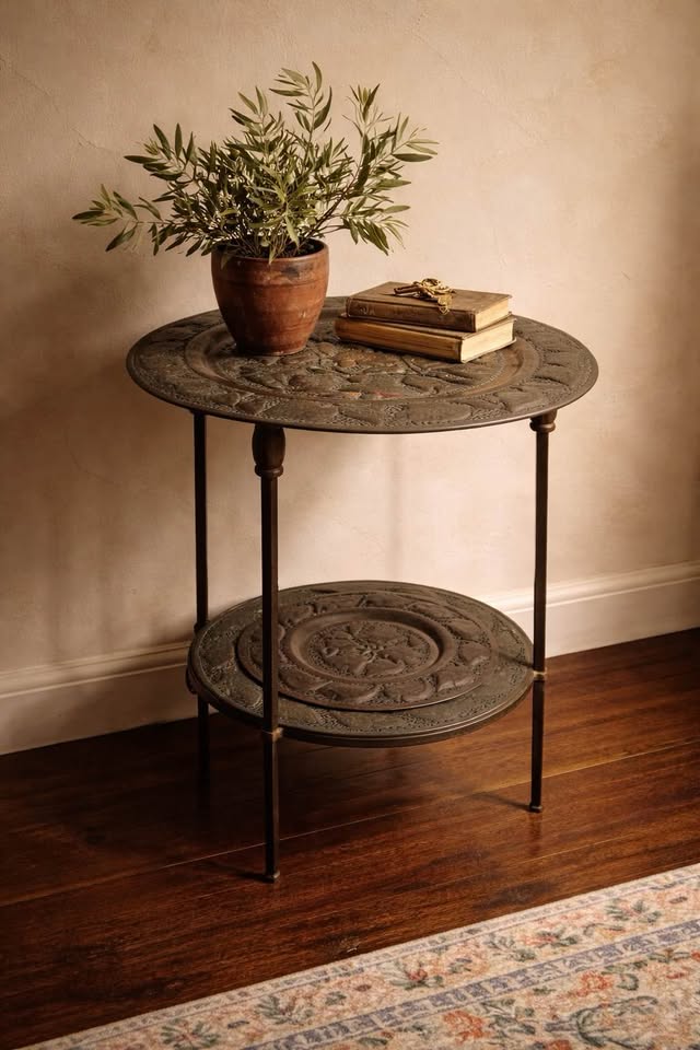 Brass Side Table | Vintage 2-Tier Tray Table | Pierced Botanical Metalwork, gallery view 2